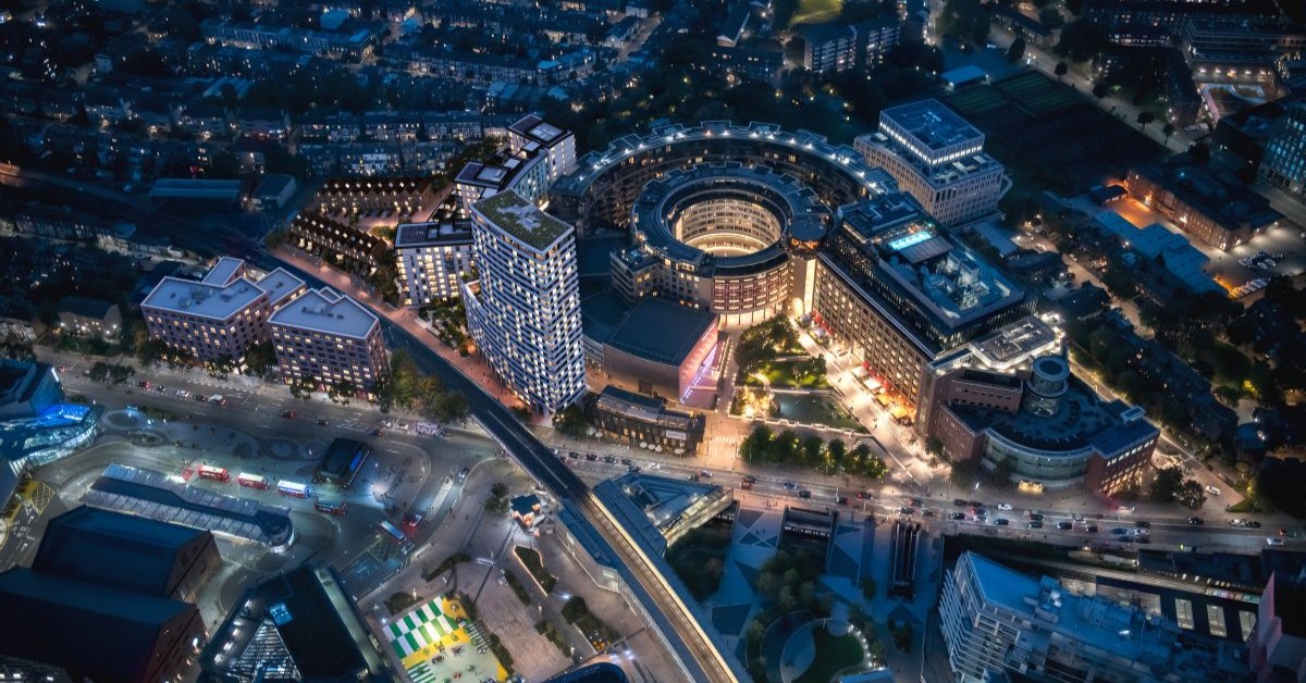 Ariel topping out  “kagami-biraki” at former BBC Television Centre
