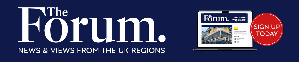 UK Property Forums Subscribe Here Landscape Banner Banner inviting users to subscribe to The Forum, showing a laptop with regional property news from the Golden Triangle.